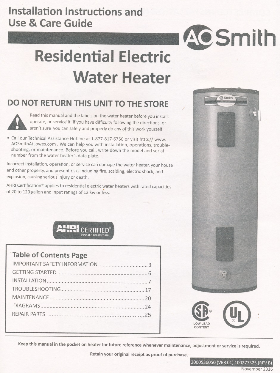 Water Heater AOSmith Manual 01