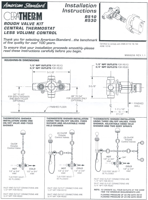 American Standard Thermostatic rough valve installation instructions