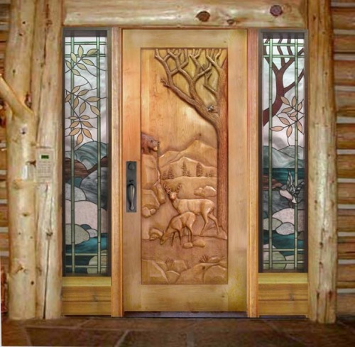 Entrance door with bear and deer