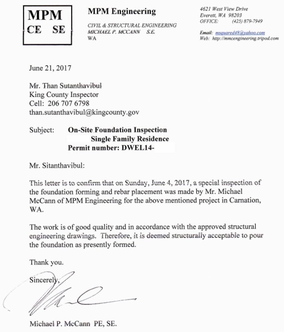 Special Inspection Foundation Letter