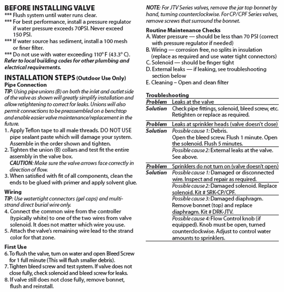 Sprinkler Valve Installation Notes